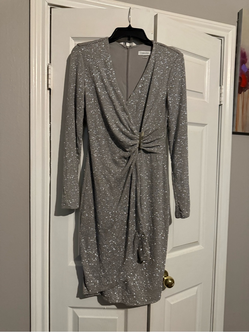 Calvin Klein Silver Glitter Long-Sleeve Ruched Wrap Dress - Picture 2 of 8